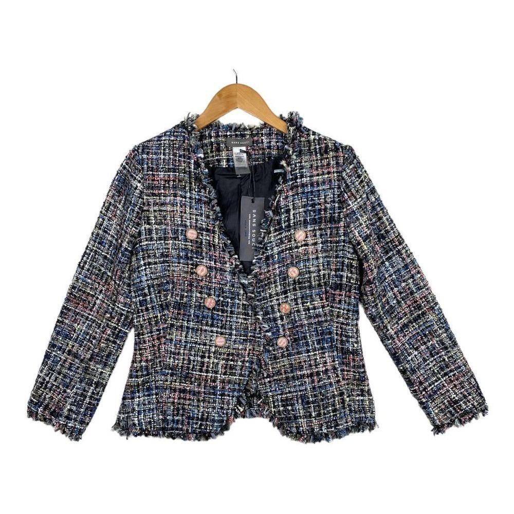 NWT Sans Souci Women's Tweed Multicolored Fringe Tweed Double Button Blazer-Smal
